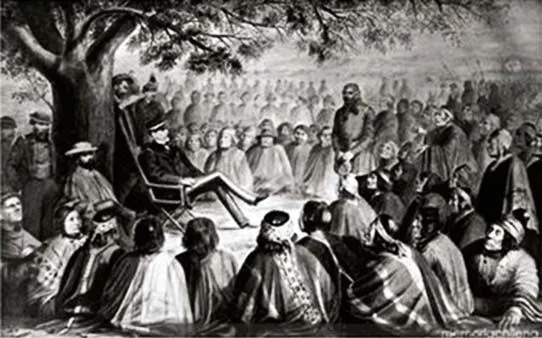 Representación de un parlamento entre españoles y mapuches.